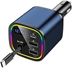 Car Charger USB C - 12V Cigarette Lighter Adapter 78W Fast Charger with Retractable USB C Cable, RGB Lights, Voltage Display, 4 in 1 Car Phone Charger for iPhone Android, Car Accessories Gift (Blue)