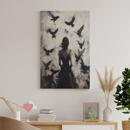 Gothic Dark Woman Silhouette Ravens Moody Forest Canvas Printing Wall Art Prints Posters Wall Decor Witchy Raven Artwork Dramatic Picture For Living Room Bedroom Modern Home Decor 12x18inch(30x45cm) by Generic - Used condition - Image 8
