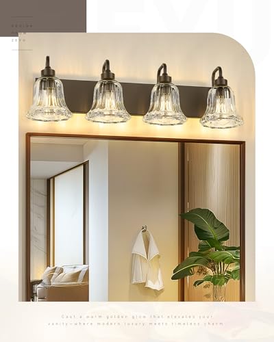 Image of zeyu 4-Light Bathroom Vanity Lighting in Oil Rubbed Bronze Finish, Farmhouse Wall Mount Fixture Over Mirror with Clear Striped Glass, ZJX117B-4W ORB