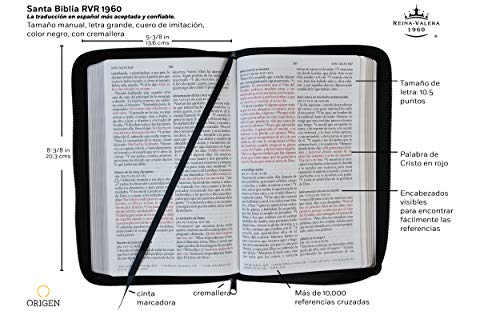 Biblia Reina Valera 1960 letra grande. Símil piel negra, cremallera, tamaño manu al / Holy Bible RVR