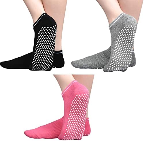 DWG Anti Slip Non Skid Slipper Yoga Socks with Grips Sticky Home Hospital Athletic Pilates Socks for Adult Women 3 Pack