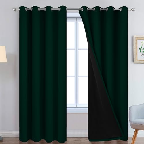 Image of Yakamok Pine Tree Green 100% Blackout Curtains 84 Inches Long 52 inch Wide | Blackout Curtain Panels for Bedroom, 2 Thick Layers Grommet Top Thermal Insulated Drapes with Black Liner for Living Room