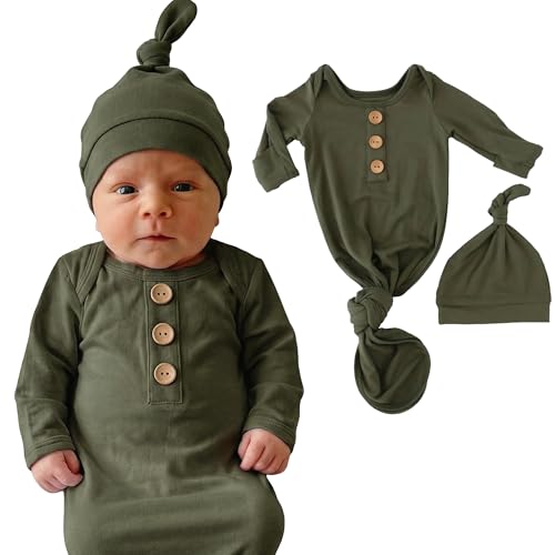 Image of Caden Lane Newborn Knotted Gown with Hat, Soft Bamboo Viscose Baby Sack, Unisex Infant Breathable Night gown Olive