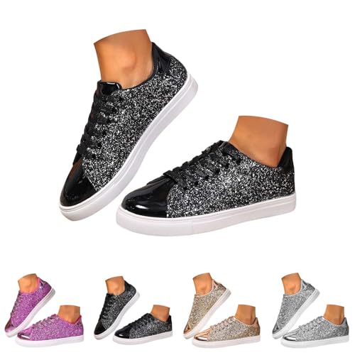 Baskets à paillettes femme légères et confortables avec détails vernis noirs