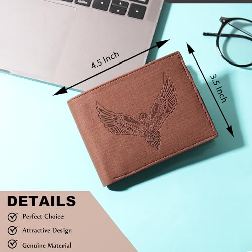 Image of VEMILIO Vegan Leather Wallet for Men | Eagle Print Embossed Premium Bifold Wallet | 3 Card Slots | 2 Cash Compartments | 1 Coin Pocket & 2 Secret Slots | Stylish, Durable & Gift for Men (Eagle, Brown)