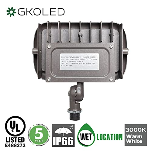 Gkoled 30W Led Floodlight, Outdoor Security Fixture, Waterproof, 100W Psmh Replace, 2700 Lumens, 3000K Warm White, 70Cri, 120-277V, 1/2" Adjustable Knuckle Mount, Ul-Listed, 5 Years Warranty #TOP3