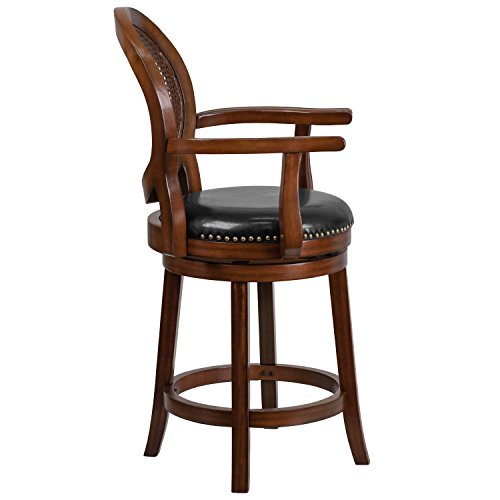 Flash Furniture 26'' High Expresso Wood Counter Height Stool With Arms, Woven Rattan Back And Black Leathersoft Swivel Seat #TOP4