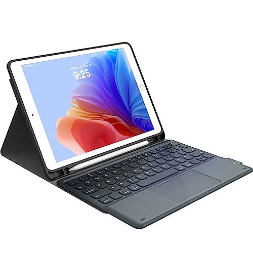 CHESONA 9th Gen Keyboard Case Compatible 9th/8th/7th 10.2 inch Ultra Slim PU Leather Stand Flip Detachable Wireless Keyboard Cover, Pencil Holder, Black