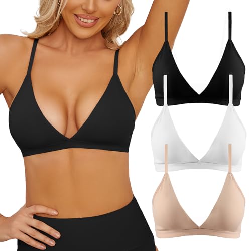 Image of INIBUD Bralette for Women Triangle Cups Adjustable Straps Wireless Bra Deep V Neck Removable Padded Seamless
