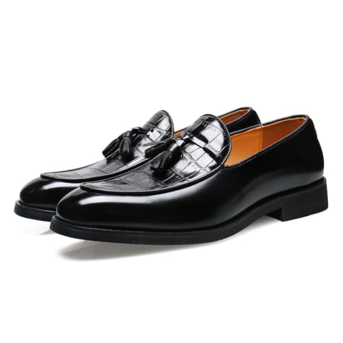 Men's Tassel Loafers Crocodile-Pattern PU Leather Slip-On Dress Shoes for Business, Wedding, and Casual Wear (Black/Brown),Black,10