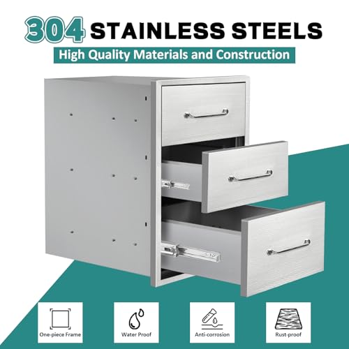 Image of Outdoor Kitchen Drawers 15.7 inch W x 21.6 inch H x 17.7 inch D Stainless Steel Drawer BBQ Triple Drawers with Chrome Handle for Outdoor Kitchen Island, Patio Grill Station