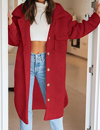 Zesica Women's Winter Fuzzy Fleece Lapel Button Down Open Front Faux Fur Long Jacket Coat Outwear With Pockets,Red,Small #TOP6