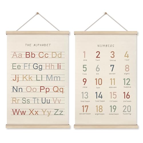 Image of HRQKO Alphabet Numbers Poster Hanger Frame Set of 2, Nursery Wall Decor, Boho ABC Poster Wall Art with Wooden Frames, Alphabet Banner Wall Hanging Decor for Toddler Playroom Nursery, 16x24 Inch