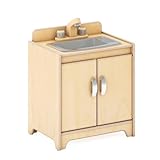 Guidecraft EdQ Kids' Kitchen Sink Playset - Natural: Wooden Montessori Play Kitchen for Toddlers w/Realistic Faucet, Storage Cabinets w/ 2 Fabric Bins | Pretend Play Toy for Home, Playroom, Classroom