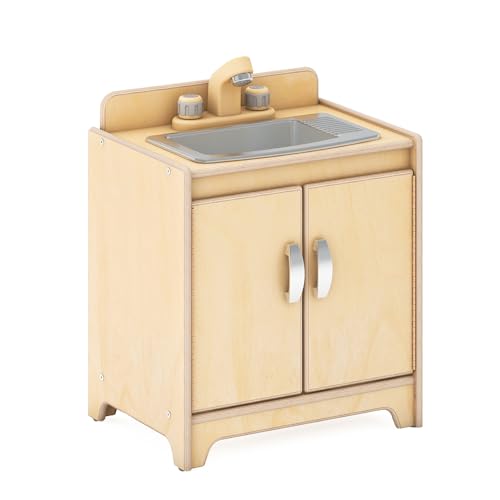 Guidecraft EdQ Kids' Kitchen Sink Playset - Natural: Wooden Montessori Play Kitchen for Toddlers w/Realistic Faucet, Storage Cabinets w/ 2 Fabric Bins | Pretend Play Toy for Home, Playroom, Classroom