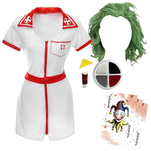 Juego de disfraz de enfermera de broma, vestido blanco y rojo, peluca verde, pintura facial, sangre falsa y tarjetas de Joker, disfraz de villano para adultos