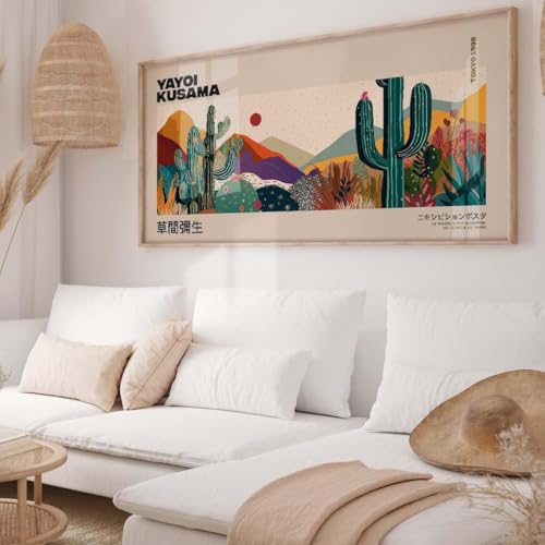 Cactus de Yayoi Kusama estampe art floral de montagne tableau horizontal étroit 75 x 150