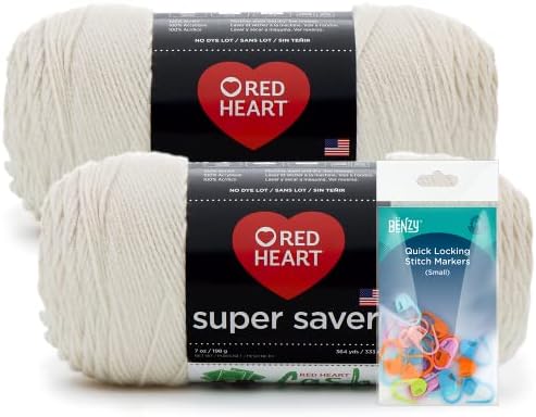 Red Heart Knitting Yarn Super Saver 2-Skein Pack (7oz Each) Bundle with Benzy Quick Locking Stitch Markers (20ct) (Aran)