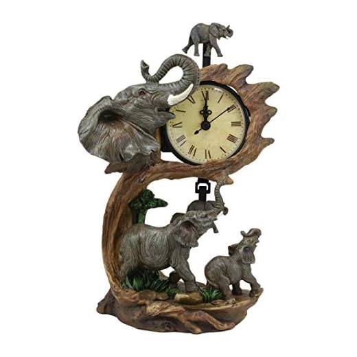 Ebros Wild Safari African Elephant Father and Calf Family Table Clock with Pendulum Elephants by Savannah Forest Jungle Habitat Desktop Clocks Figurine