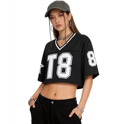 Jiveels #T8 Womens Y2K Crop Top Jersey - Hip Hop Plain Football Jersey Crop Top V Neck Short Sleeve Mesh Shirts Going Out Streetwear Tee Black X-Small