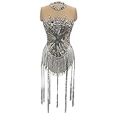 Yoyomomozi Sexy Mesh See Through Performance Bodysuit Dance Costume Stage Club Party Birthday Silver Rhinestones Sequins Fringes Leotard (white)