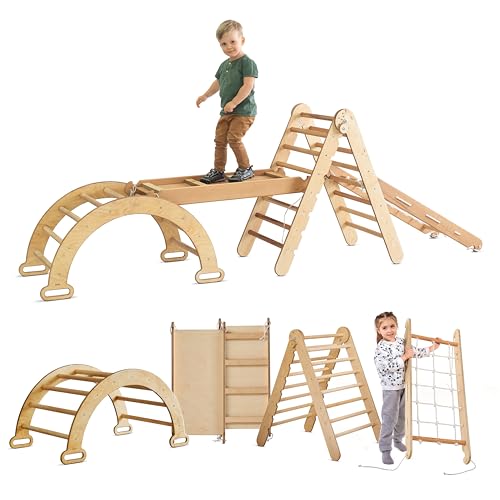 Image of 4 in 1 Montessori Indoor Climbing Set for Toddlers - Wooden Play Gym for Kids Pikler Triangle & Arch & Climbing Ramp & Net - Baby Gym Climbing Frame for Toddlers Age 1-7 XL Size