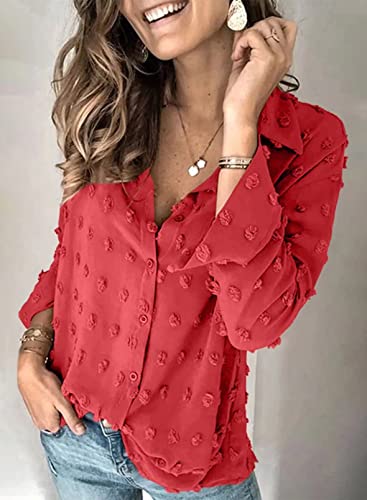 Astylish Womens Casual Tops V Neck Solid Tunic Long Sleeve Button Up Shirts Ladies Loose Fit Pompom Blouse Tops Red X-Large #TOP3