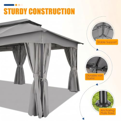 Image of COBIZI 12x20 FT Gazebo Outdoor with Curtains, Heavy Duty Soft Top Gazebo Canopy with Double Roof, Large Metal Frame Gazebos for Patio, Backyard and Deck (Gray)
