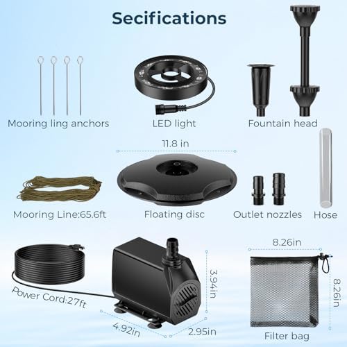 POPOSOAP Floating Fountain with LED Lights, Pond Fountain and Aerator Complete Kit with 660GPH Water Pump 27FT Power Cord, 3 Spray Styles for Ponds, Pool, Water Gardens P130 — view 6