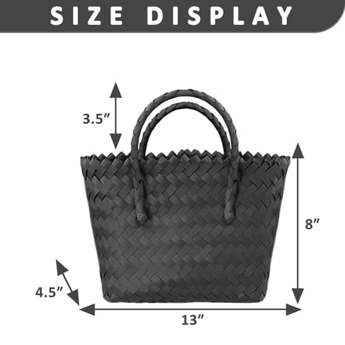 Bolso tote de paja, bolso grande para la playa, bolso tipo cesta bohemio cuadrado con asas de bambú (negro) miniatura 4