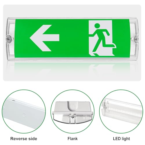 LED Notbeleuchtung, IP65 Dauerlicht LED Notleuchte, Fluchtwegleuchte, Notausgangsschild inkl mit Notstromakku 3H, 4 Notausgangspiktogramm, 100 Lampenperle Wasserdicht Notleuchte für Wandmontage
