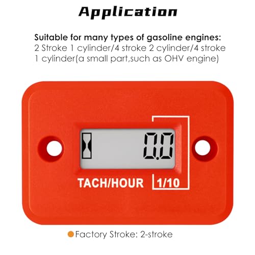 NInE-ROnG Self-powered Tach Hour Meter Digital LCD Inductive Tachometer Timing RPM Measuring Waterproof Design,for Gas Engine Lawn Mower Motorcycle Snowmobile Generator(2 Stroke)(Red) - Image 3