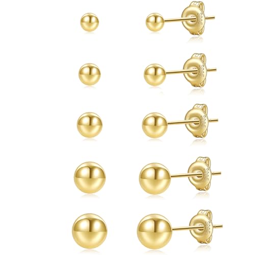 PRETOLE 14K Gold Stud Earrings Gold Earrings for Women 14K Gold Ball Stud Earrings Hypoallergenic Gold Plated Stud Earrings Set Earrings Studs for Women 3/4/5/6/7mm