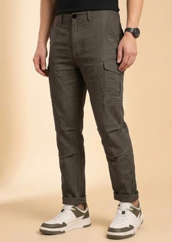 Image of Vogaan Men Cotton Linen Blend Cargo Pants | Mid Rise Regular Fit Casual Trousers | Multi Pocket Utility Bottom Wear | Comfortable Breathable Fabric Travel Outdoor Styling