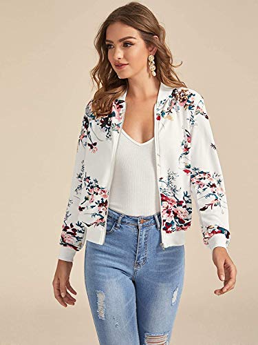 Romwe Women's Long Sleeve Floral Print Zipper Plaid Stand Collar Bomber Jacket Outer White L #TOP1