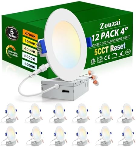 zouzai 12 Pack 4 Inch LED Recessed Ceiling Light, 5CCT, 9W=60W, Dimmable