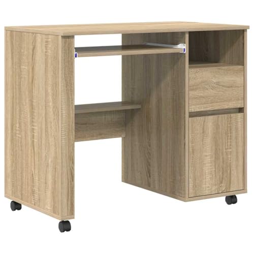 vidaXL Desk with Wheels Sonoma oak 91 x 50 x 77 cm Engineered Wood, Rectangular Home Office Desk, Contemporary Rolling Computer Table, Multi-Purpose Furniture, Textured Engineered Wood