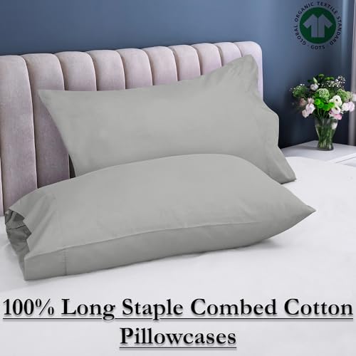 Image of ROYALE LINENS 300 Thread Count 100% Long Staple Combed Cotton Pillowcases Set of 2 - Ultra Soft - Queen Bed Pillow Cover - 20 inchx30 inch -Breathable, Cool & Crisp Percale Silver Pillow Cases (Queen, Silver)