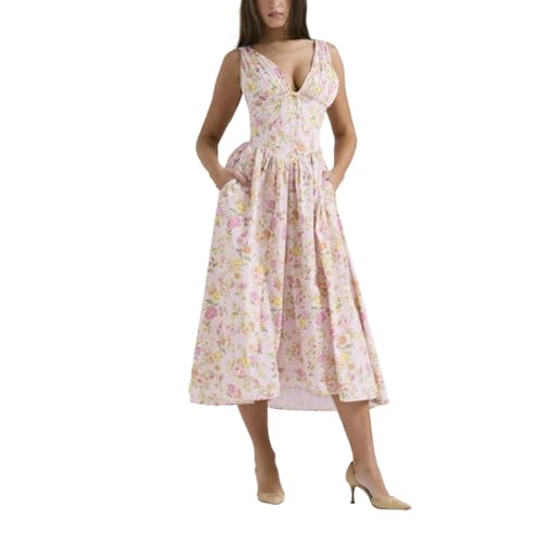 fdsmall Damen Sommer Korsett Maxi Kleid mit Tasche, lässige Boho Blumen ärmellose Rüssel A-Linie Sundress Strand Lange Kleider (DE/NL/SE/PL,...