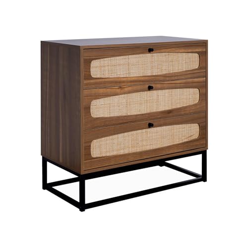 sweeek - Commode rétro décor Bois et cannage 3 tiroirs piètement et poignées en métal Noir