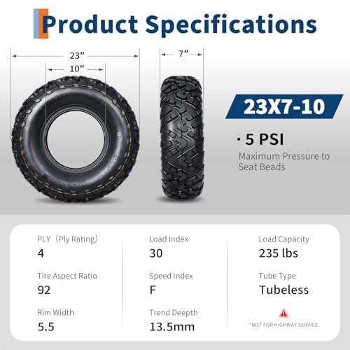 Garvee Set of 4 All-Terrain ATV/UTV Tires 23x7-10 Front & 22x10-10 Rear, 4PR ATV Tire for Trail Riding, Mud, Sand, Farm & Outdoor Work,A102