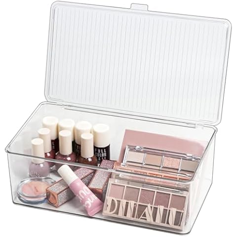 ZEXALOR Clear Plastic Storage Bin with Lid, Organizer for Pantry, Office, Bathroom, Kitchen, Snack, Tea Bag, Coffee Container (Medium) Cover