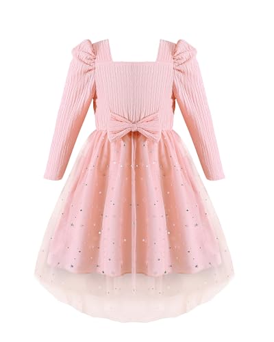 Renotemy Toddler Girl Tutu Dresses Fall Winter Puff Long Sleeve Sequin Dress Princess Birthday Party Dress for Girl 3-8Y