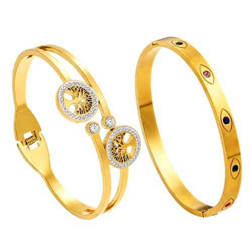 Image of Stylish Gold Plated Bangle for Women | Daily Use Stainless Steel Kada | Anti-Tarnish Waterproof Cuff | Multicolour Crystal Evil Eye | Daily Wear Bracelet For Womens | Premium Gift For Girl