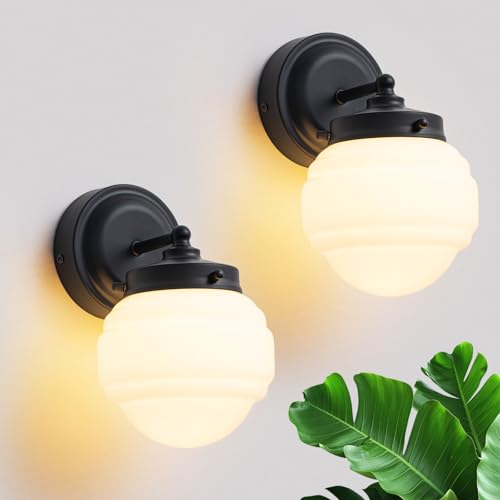 Image of Wall Sconces Set of 2 for Bathroom Black Vanity Light Fixture Modern wall lamp with White Glass for Bedroom Living Room Hallway Mirror Kitchen (Hardwired, E26)