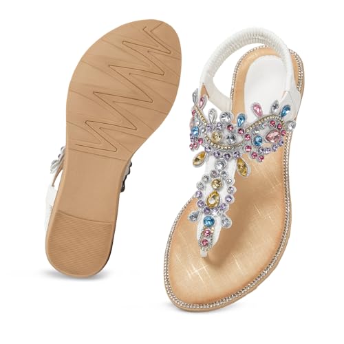 Image of iCKER Women Flat Thong Sandals Rhinestone Sparkly Boho Elastic Ankle Strap | Non‑slip TPR Outsole,Matches Summer Dresses,Ideal for Vacation,Wedding and festival