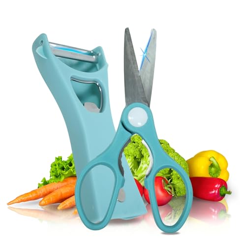 Tijera cocina, tijeras cocina acero inoxidable con pelador incorporado multifunción, tijeras mutantes funda protectora,...