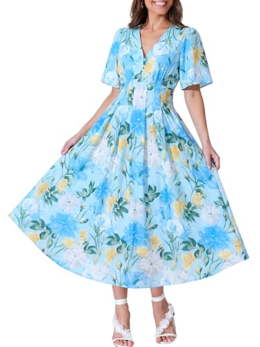 Flessibili Womens Summer Floral Maxi Dresses 2026 Wedding Guest Dress Boho Long Dress Blue Yellow Floral X-Large