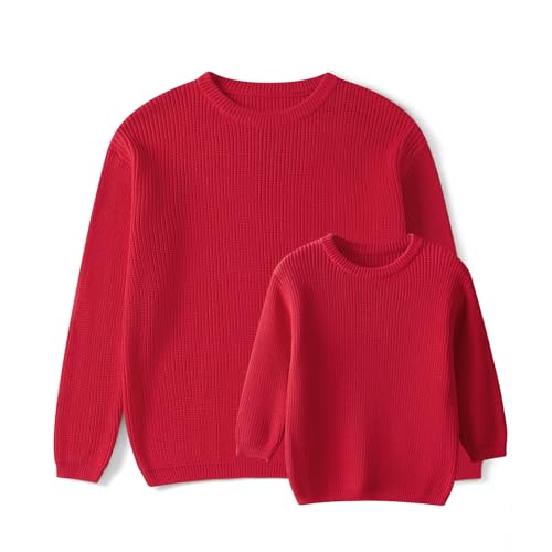 Mommy and Me Matching Sweaters Ribbed Long Sleeve Round Neck Chunky Knit Tops for Fall Winter
