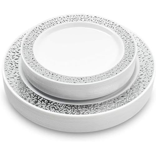 MATANA 40 Sliver Plastic Plates with White & Silver Lace Trim - 20 Dinner Plates 10.25" Inch, 20 Salad Dessert Appetizer Plates 7" Inch - Heavy Duty,